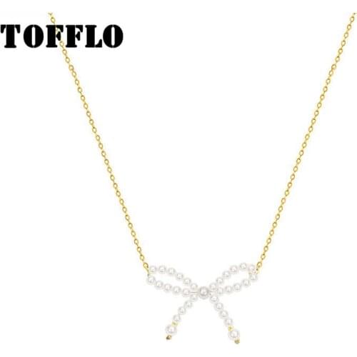 TOFFLO Stainless Steel Jewelry Imitation Pearl Bow Pendant Necklace Female Clavicle Chain BSP815