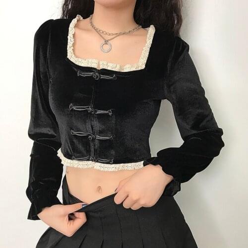 Black Velvet Oriental China T Shirt Crop-Top Long Sleeve Square Neck Gothic Asian Streetwear Chinese Style Clothing Women 11433