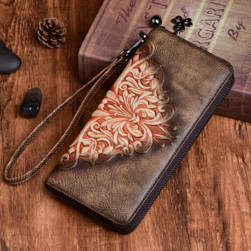 Vintage Female Wrist Purse Clutch Bags Multi-Cards Handy Bag High Quality Women Genuine Leather Embossed Long Zipper Wallet