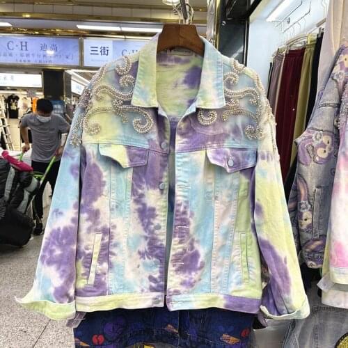 Manual Pearl Diamond Beaded Lace Patchwork Denim Jackets Women Summer 2021 White Hook Flower Hollow Out Drawstring Jeans Jacket