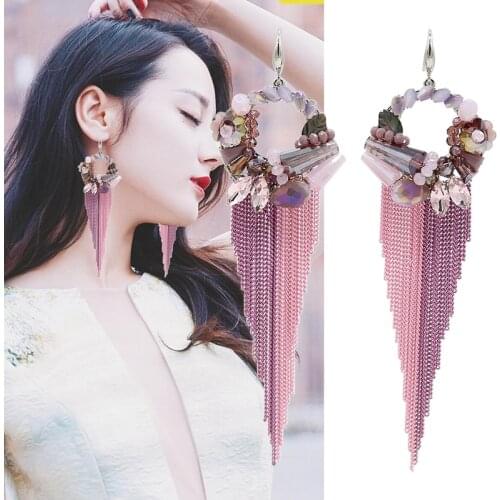 New Crystal Handmade beaded Boho Chain Drop Long Tassel Earrings For Women Red purple colorful bohemian jewelry Wife mother Gift