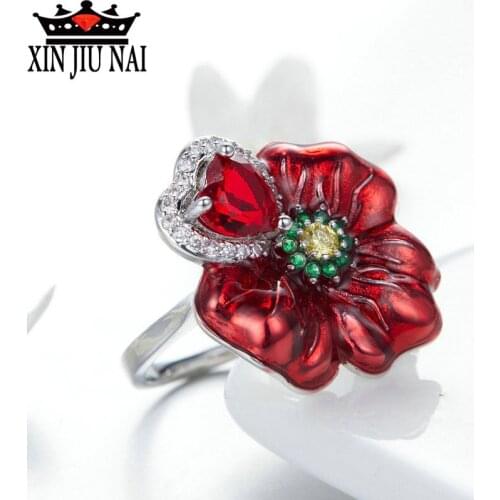 Hot Sale Fashion Rings Red Rose Flower Rings Index Finger Crystal Heart Enamel Flower Rings For Women Dance Party Jewelry