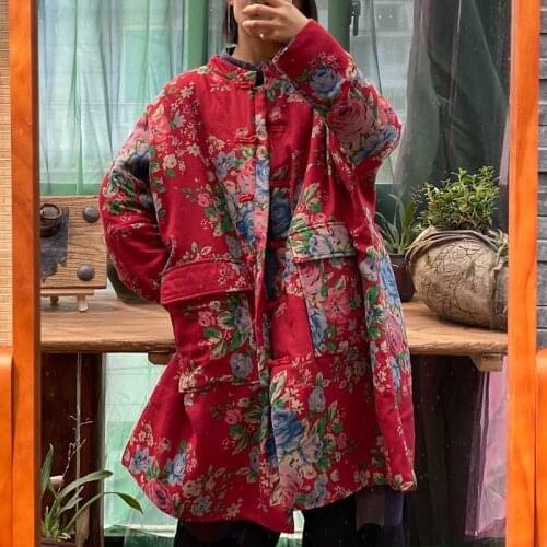 Johnature Women Print Flower Warm Cotton Winter Parkas Coats O-Neck Long Sleeve 2020 New Loose Big Packets Vintage Parkas