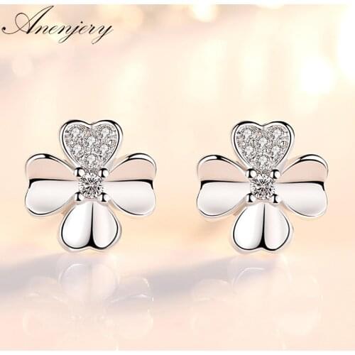 ANENJERY 925 Sterling Silver Hot Fashion Micro CZ Lucky Clover Stud Earrings For Women boucle d'oreille oorbellen S-E588