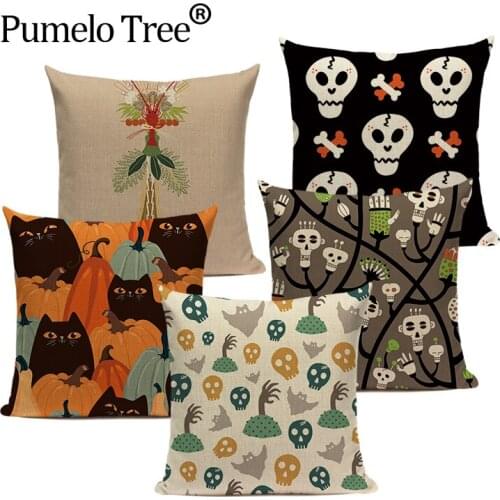 1 Piece Of Skull Pattern Cushion Cover Decorative Pillowcase Household Cushion Cover Pumpkin Cat Print Pillowcase Funda Cojines