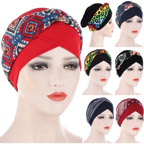 1PC Head Cotton Headband Caps Muslim Turban Scarf Headwraps Knotted Print Beanies Cancer Cap Hats Head Cover