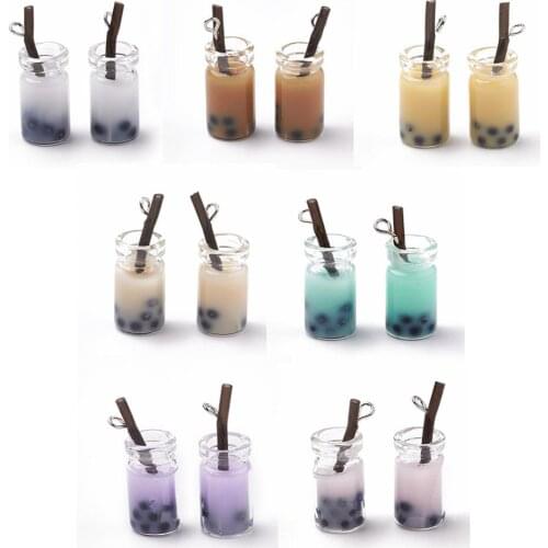 10pcs Mixed Color Glass Bottle Pendants with Resin Inside Imitation Bubble Tea Earrings Charms for DIY Jewelry Craft Making