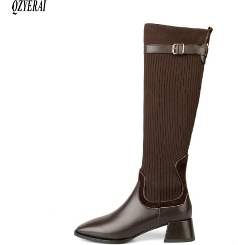 2021 Winter New style Genuine leather Knee high boots Women boots Fashion boots stretch Female boots warm Women shoes