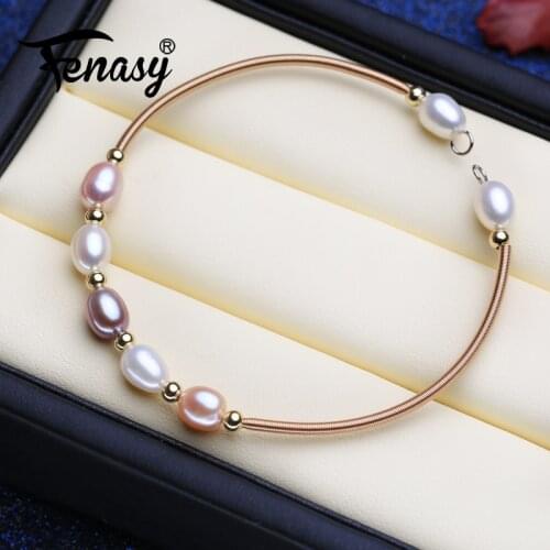 FENASY Natural Freshwater Pearl Bracelets Handcrafted Fashion Tube Bracelet Rice Shape Pearl Adjustable