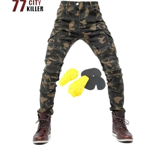 Camouflage Motorcycle Pants Men Anti-fall with Protective Gear Cycling Denim Joggers Mens Elasticity Straight Riding Trousers