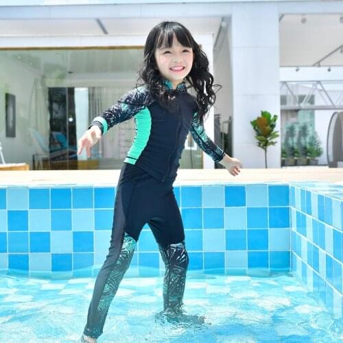 Boy Girl Long sleeve zipper Patchwork Long pants surfing full Body beach swimsuit Green Black Little baby