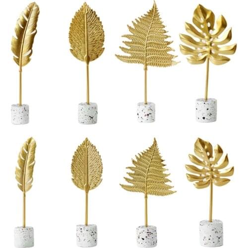 Nordic Style Creative Metal Leaf Miniatures Desktop Ornament with Marble Base Model Craft Sculpture Statue Bathroom Living Room