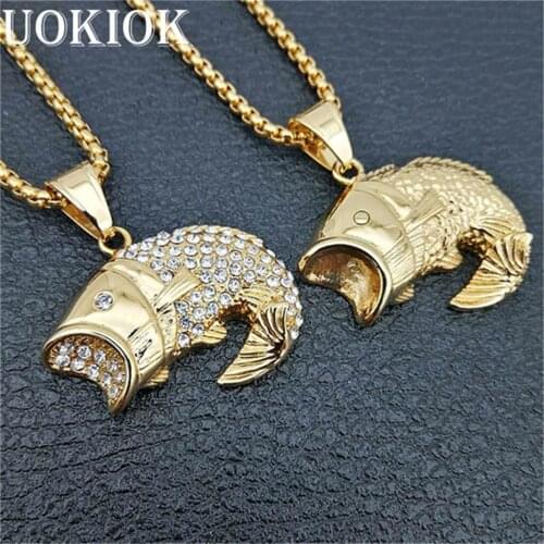 Hip Hop Iced Out Bling Piranha Fish Pendant Necklace Gold Color Stainless Steel Sea Animal Necklaces Men Hiphop Ocean Jewelry