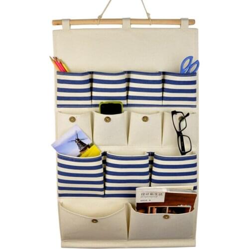 Cotton Linen 12 Pockets Closet Door Home Wall Hanging Organizer Storage Stuff Bags Pouch Navy Blue stripe style