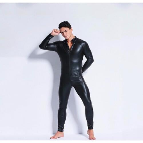 Sexy Man Long Sleeve Catsuit Faux Leather Bodysuit Open Crotch Zentai Tights Fetish Cosplay Fetish Costume Jumpsuit