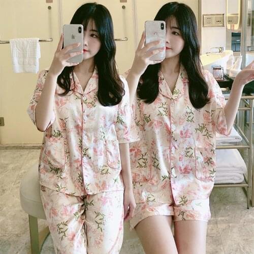 2021 Summer Silk Satin Print Short Sleeve Long Pants Pajama Sets for Women Korean Sleepwear Pyjama Homewear Pijama Mujer Clothes
