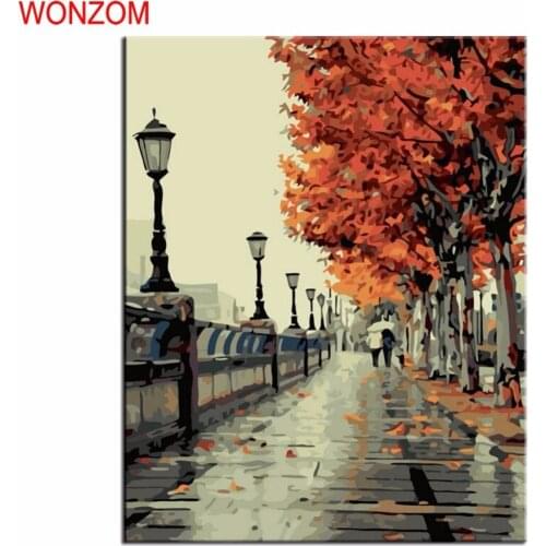 WONZOM Autumn Street Diy Painting By Numbers WalkOil Painting Tree Cuadros Decoracion Acrylic Paint On Canvas Modern Wall Art