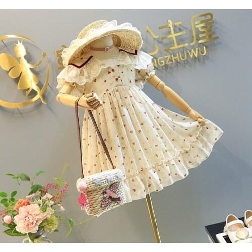 4-10 years girl summer chiffon dress new baby navy wind lace collar small and medium children love pattern princess dress
