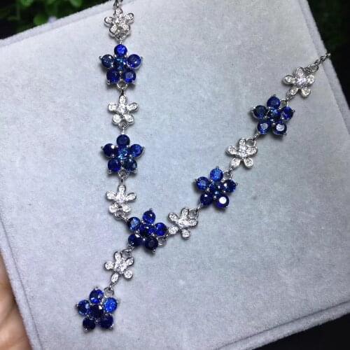 Natural blue sapphire Elegant flowers Necklace Natural gemstone Pendant Necklace 925 sliver women Girl gift wedding Jewelry