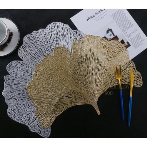 PVC Hollow Ginkgo Biloba Shape Placemat Gold Color Heat Insulation Plate Mat Tableware Pad for Household Kitchen Table Decor