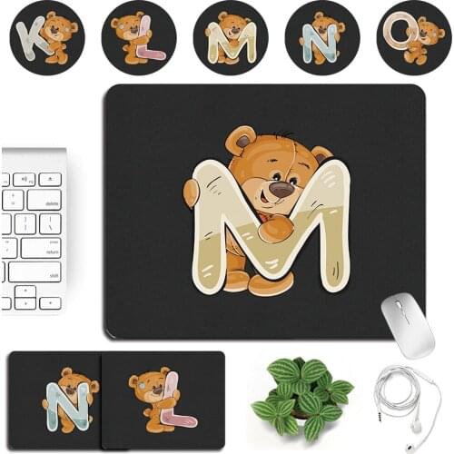 Portable Mouse Pad Small 25x21cm PU Leather Waterproof Smooth Gaming Mouse Mat Bear and 26 Letters Pattern Print Series Mousepad