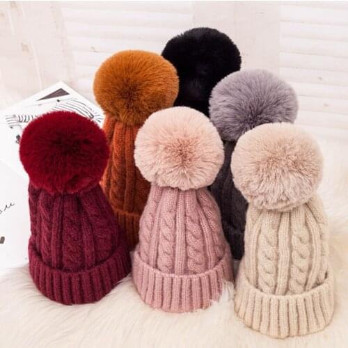 Pink Fur Pompom Wool Winter Hat For Women Girls Striped Knitted Skullies Beanies Plus Thick Warm Pompom Hat Ski bonnet femme
