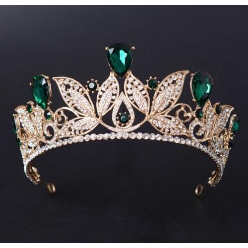 Vintage Green Red Rhinestone Bridal Tiara Fashion Golden Diadem for Women Wedding Dress Hair Jewelry Princess Crown accessories
