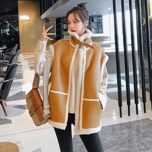 Jacket Female Winter Lamb Hair Korean PU Leather Car Fur Integrated Thick Clothing New Pumpkin Color Women Loose Windproof Coat