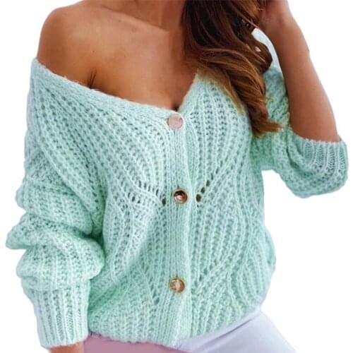 Elegant Women Knitted Shirts Single-Breasted Long Sleeve Sweater Cardigan Autumn Winter V-Neck Hollow Knitted Coat Outerwear