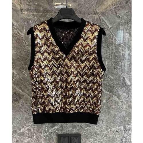 Spring Women Vest 2021 Summer Sequin Embroidered Vest V-neck Knitted Sleeveless Lady Tops Fashion