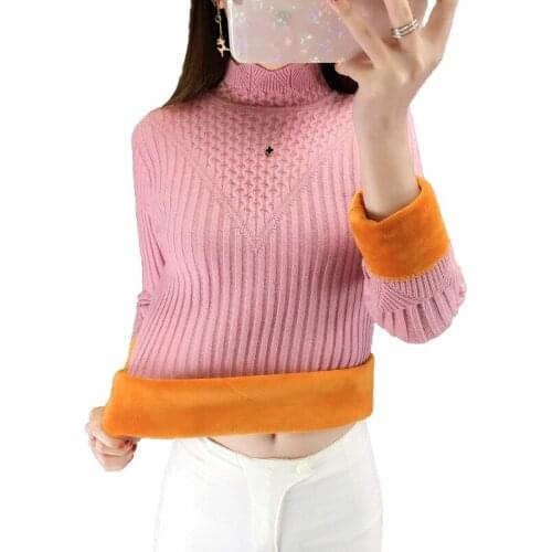 Thicken knit sweater women winter bottoming shirt flocking warm sweaters female turtleneck elasticity pullover Plus velvet A3060