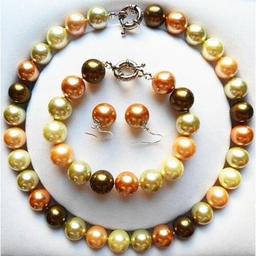 Multicolor 12mm perfect round multicol South Sea Shell Pearl Necklace Bracelet Earrings Beads women Jewelry set 925 silver clasp