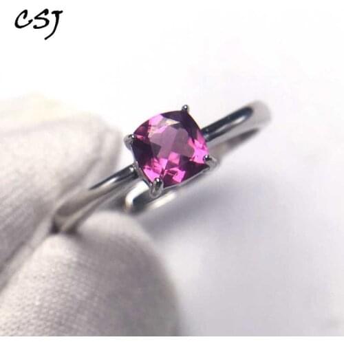 CSJ Natual Garnet Rhodolite Ring Sterling 925 Silver Cushion Cut 5mm Fine Jewelry for Women Femme Girl Gift box