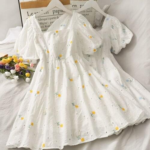 Embroidered Puff Sleeve Midi Dresses Korean Chic Female 2021 Summer New Style Sweet Flower Printed Floral Dress Women Y376
