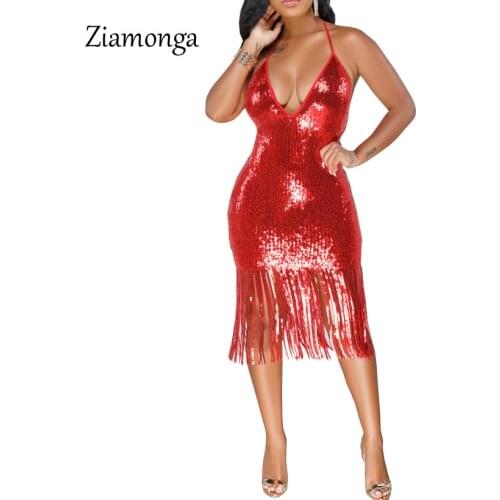 Ziamonga Elegant Evening Party Dresses 2019 Summer Halter Off Shoulder Deep V Tassel Bodycon Dress Sexy Sequined Women Dresses