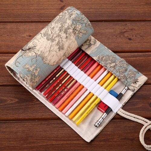 36holes Vintage Retro Treasure Map Roll Make Up Cosmetic Sketch Pen Brush Pencil Case Pouch Purse Bag for School