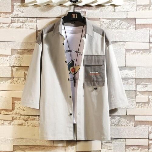 #4736 Greu Blue Hip Hop Shirts Men Half Sleeve Shirt Loose Lapel Collar Spliced Color Harajuku Casual Shirts Men Cotton Summer