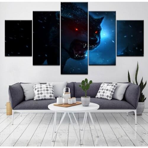 5 Panel Wall Art Black Wolf And Moon Painting The Picture Print On Canvas Animal Pictures For Home Decor Decoration Artwork