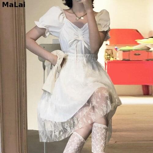 Korean Style Basic Vingate Dresses Evening Chiffon Lace 2021 Summer Y2K Women Bandage Design V-Neck Elegant Casual Beach Dress