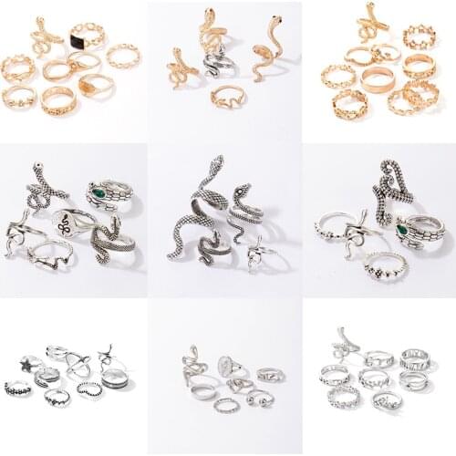 Docona Bohemain Snake Joint Rings for Women Luxury Crystal Geometry Hollow Out Animal Ring Sets New Trendy Men Jewelry Anillo