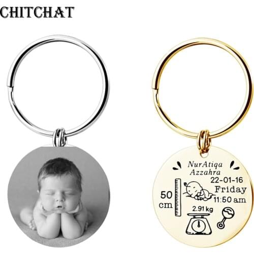 Customized Baby Date Of Birth Round Keychain Engraved Photo Names Keyrings Stainless Steel Newborn Keepsake Keyring