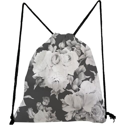 Black White Floral Printed Drawstring Bags Female Retro Pretty Backpack Preppy Style Book Bag Large Capacity Shoe Bag to School