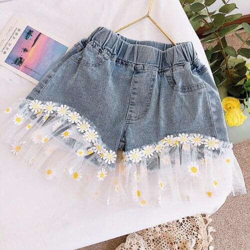 Summer girls hot shorts baby mini jeans kids denim shorts children bottoms streetwear embroidery floral mesh bottom 3-9 yrs