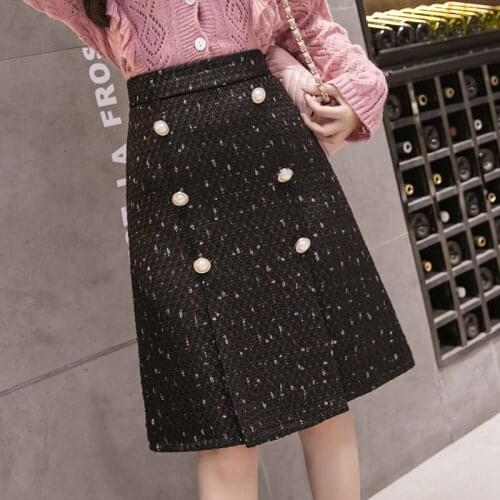 Elegant Midi Skirt Black Autumn Winter Tweed Womens Skirt England Office Double Breasted Vintage Package Hip Skirt Female
