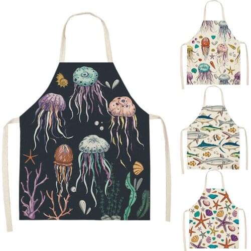 Marine Organism Apron Dolphin Jellyfish Aprons for Women Apron Kitchen Octopus Conch Cafe Apron for Men Kitchen Apron