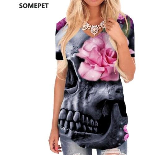 SOMEPET Skull T Shirt Women Flower Tshirts Printed Galaxy Funny T shirts Rock V-neck Tshirt Womens Clothing Summer Cool