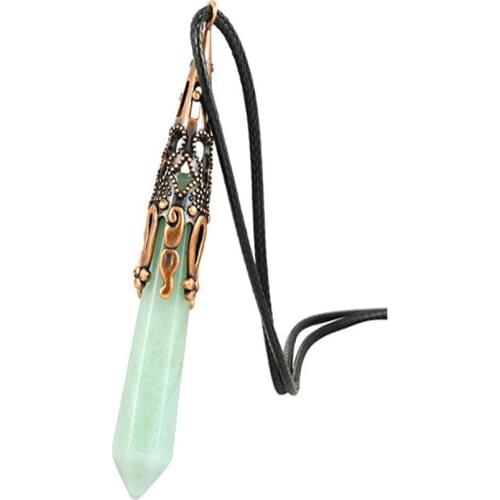FYJS Unique Jewelry Copper Plated Hexagon Prism Green Aventurine Pendant Black Rope Chain Necklace