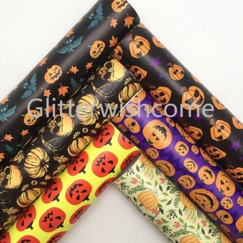 Glitterwishcome 21X29CM A4 Size Vinyl For Bows Halloween Pumpkin Printed Faux Leather Fabric Faux Leather Sheets for Bows GM867A