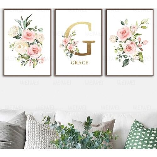 Flowers Canvas Painting Girls Custom Name Wall Art Nordic Poster Print Nursery Paintings Wall Pictures For Baby Girl Room Decor
