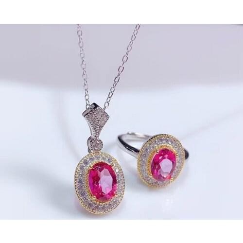 Charming red topaz gemstone ring and necklace jewelry set 925 sterling silver natural gem big size girl party birthday present